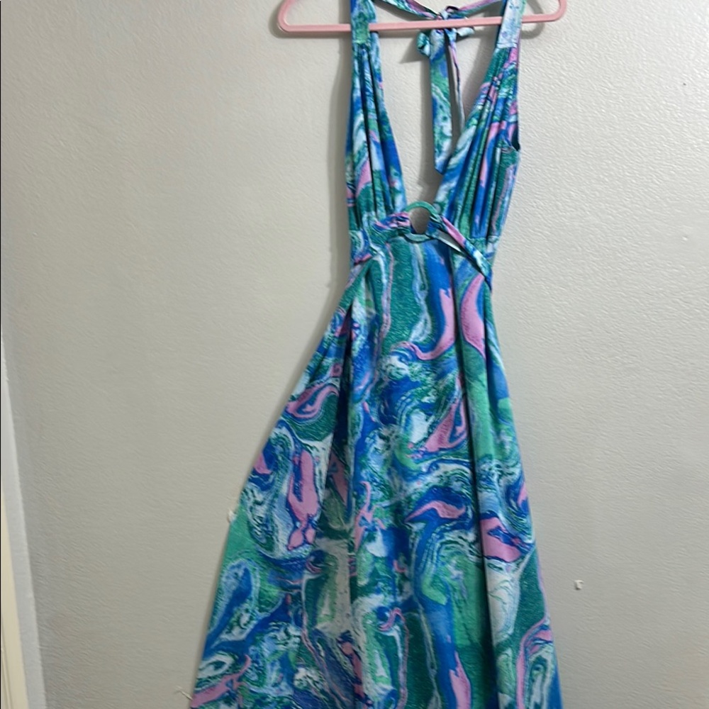 Luxxel- Vibrant Halter Maxi Dress with Ring Detail/slits high up/ beach cover